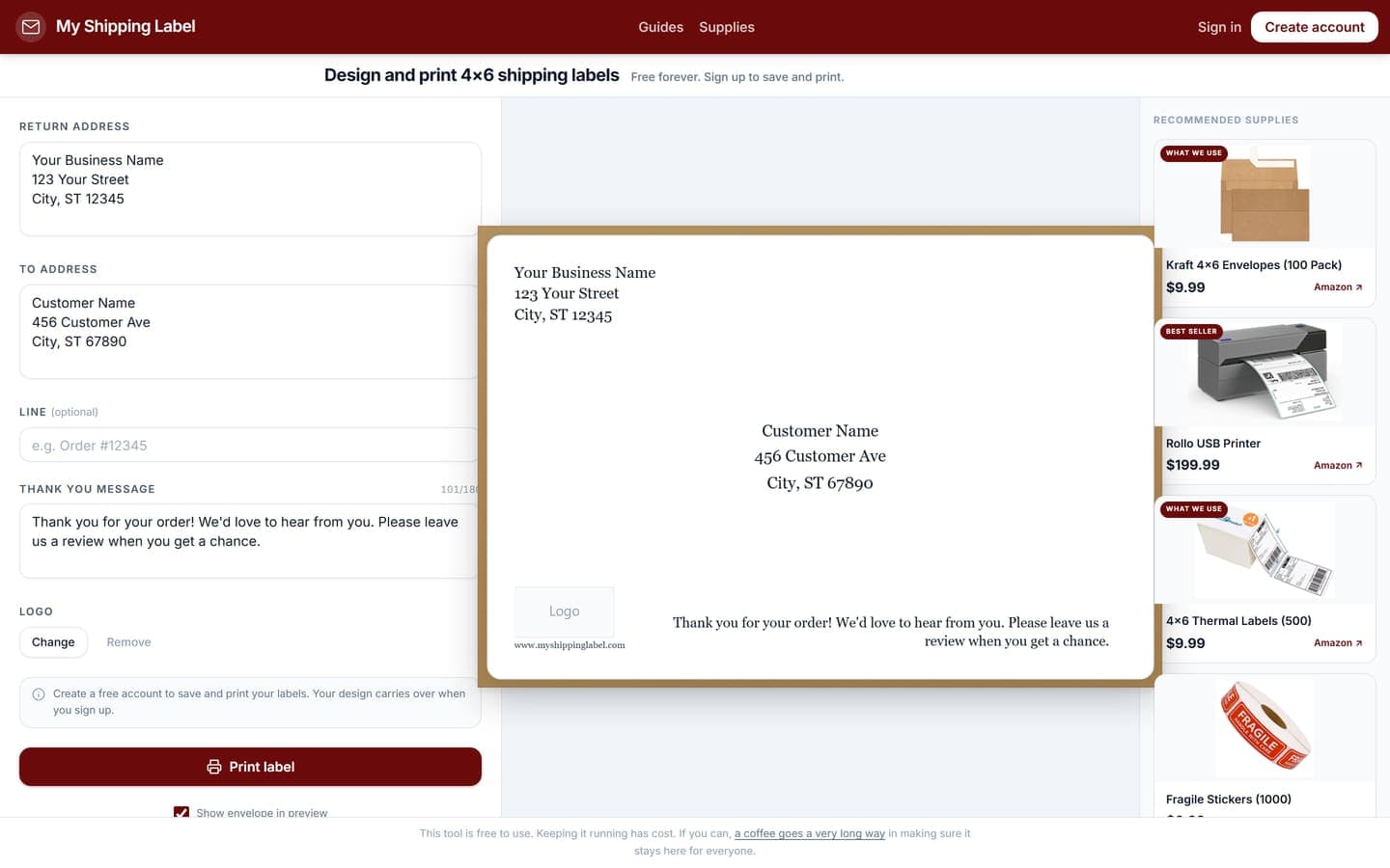 My Shipping Label homepage
